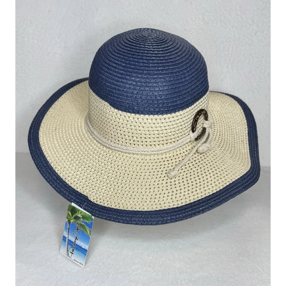Panama Jack Wide Floppy Brim Straw Polyester Sun Hat Beige White Beach Pool New‎